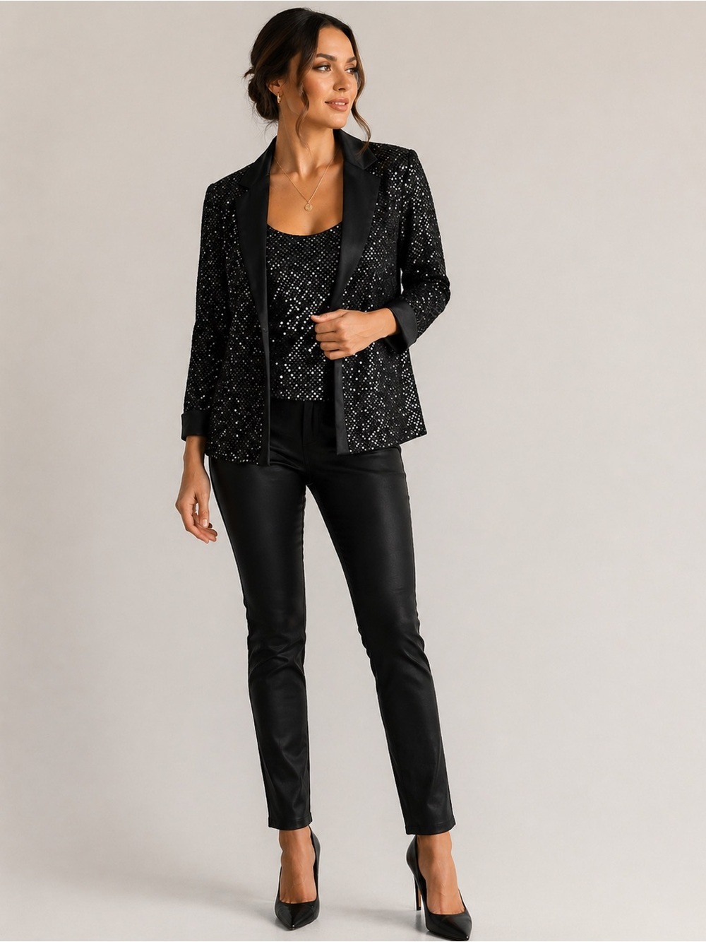 R&M Richards Black Sequin Blazer w/ Built-In Shimmer Top Size S Evening Party